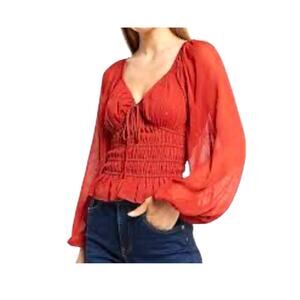 Babydoll smocked metallic dot v-neck top flowly sleeves | Sz XS | Orange chili